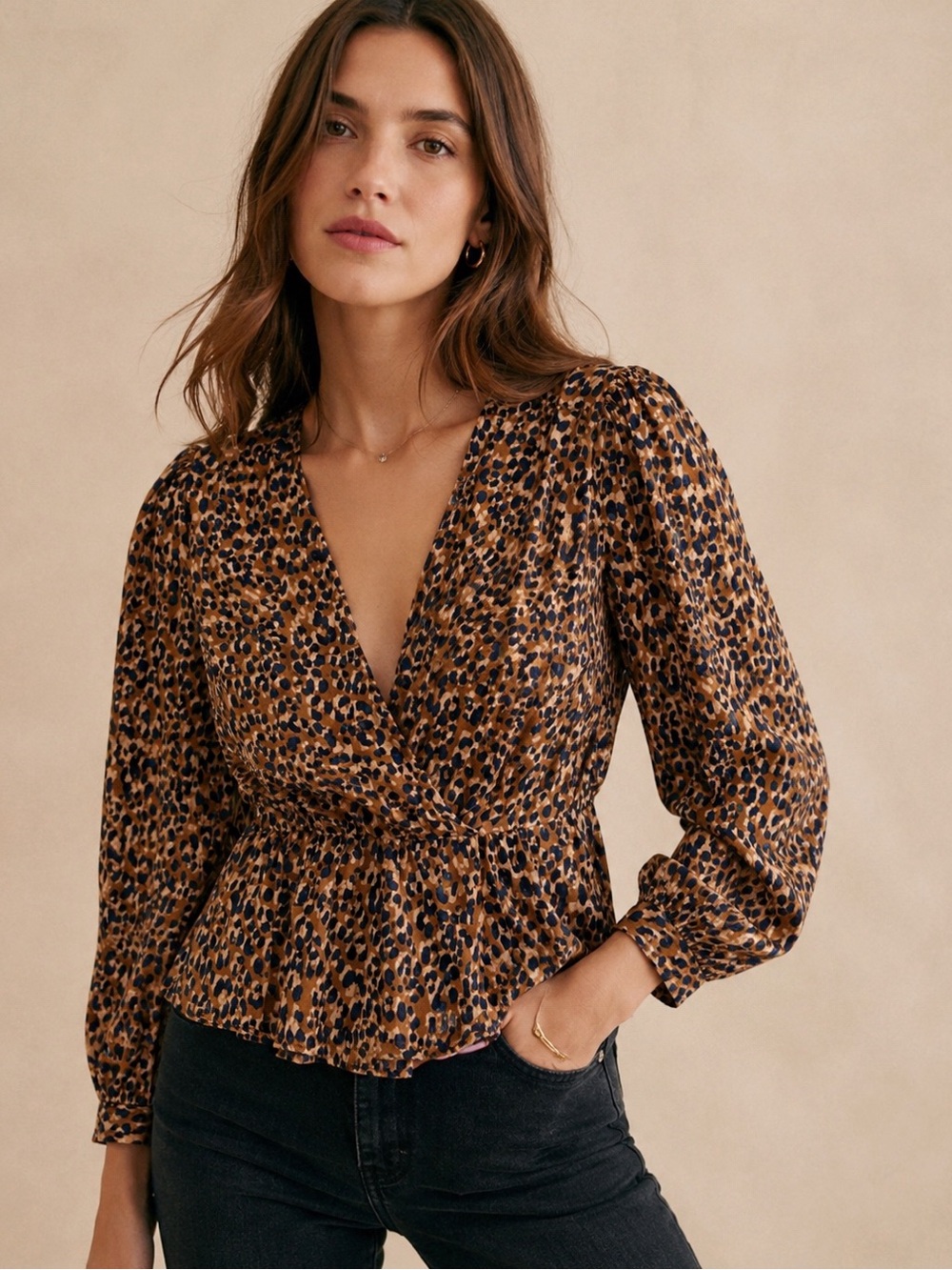 Zara Woman Leopard Print V-Neck Ruffle Peplum Top MEDIUM Classic Preppy Boho